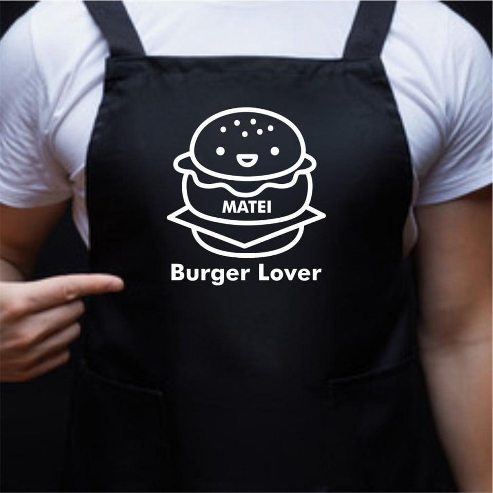 Sort de bucatarie personalizat Burger Lover - Auriu, Negru