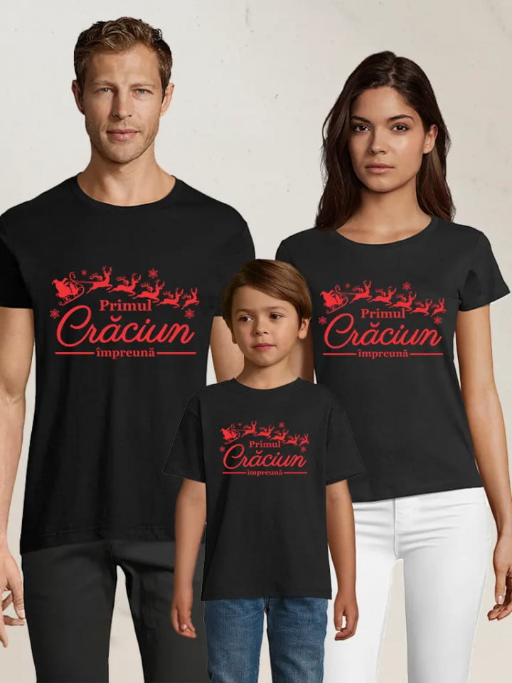 Set de tricouri personalizate pentru familie Primul Craciun - alb, Negru