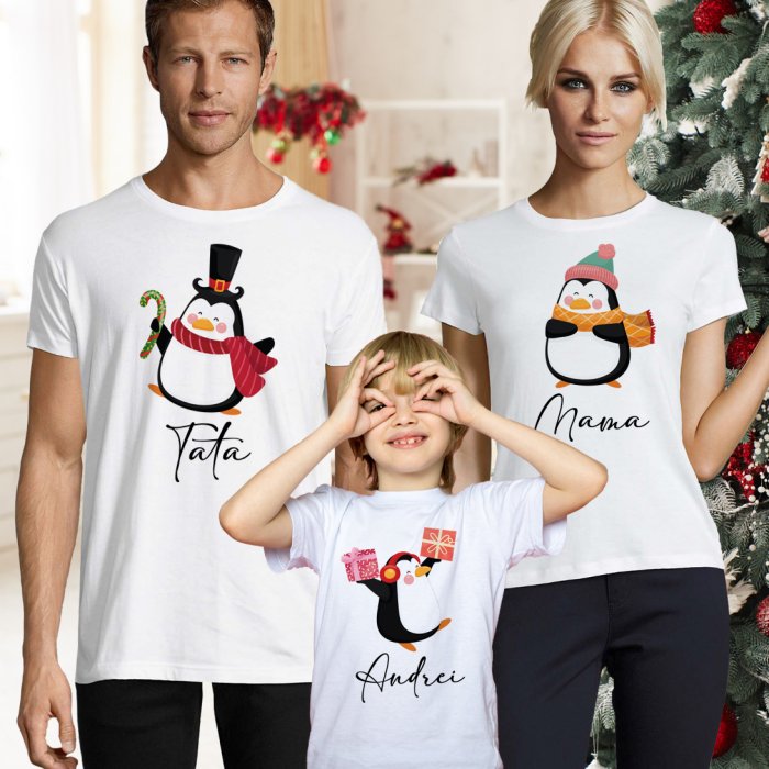 Set de tricouri personalizate pentru familie - Pinguinii de Craciun