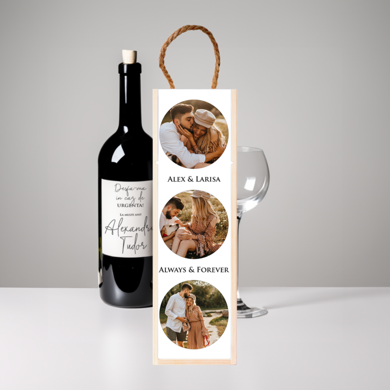 Cutie personalizata pentru vin cu 3 fotografii